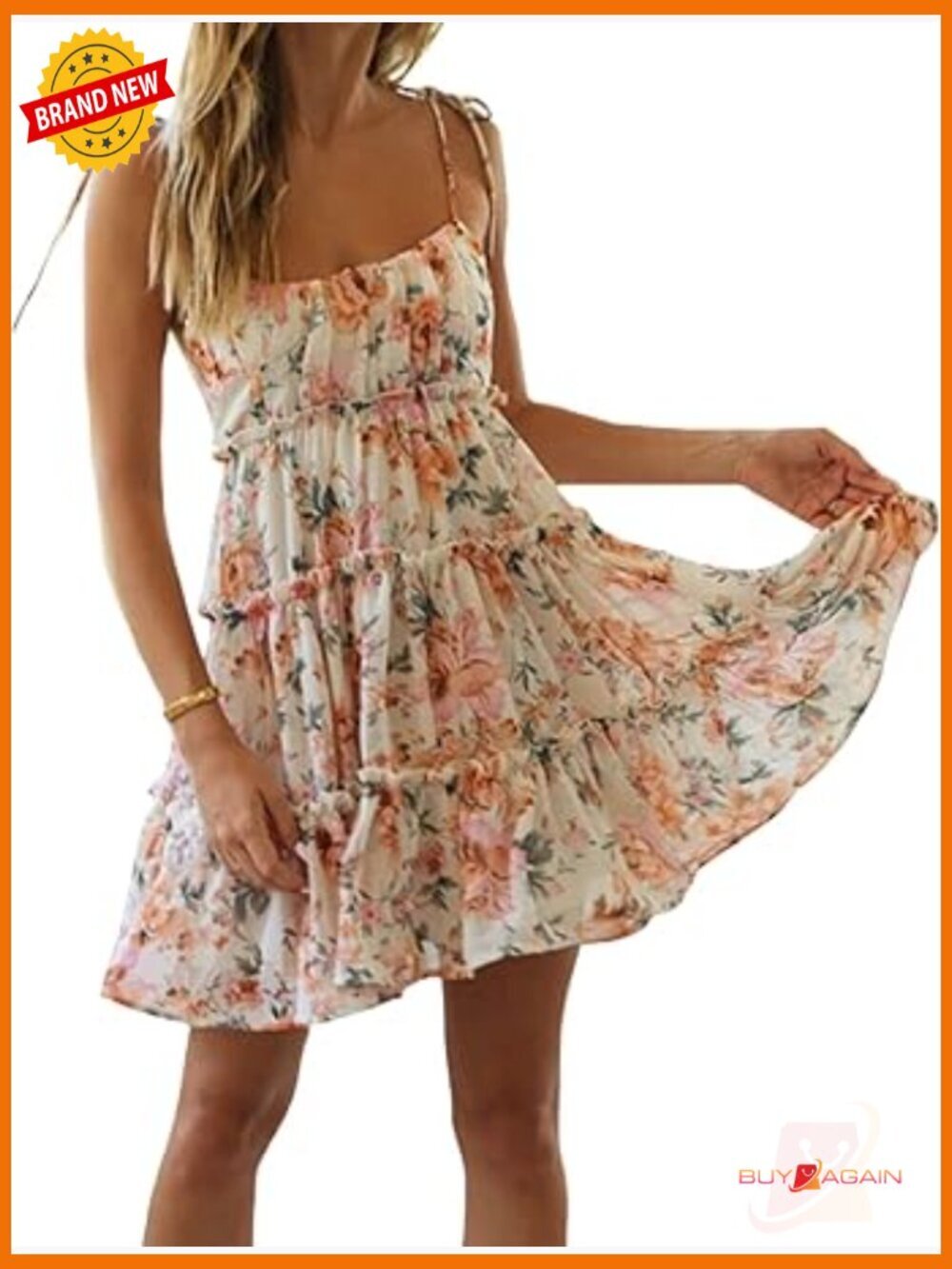 Boho Floral Mini Dress Flowy Skater Tiered Ruffle Spaghetti Strap Sleeveless